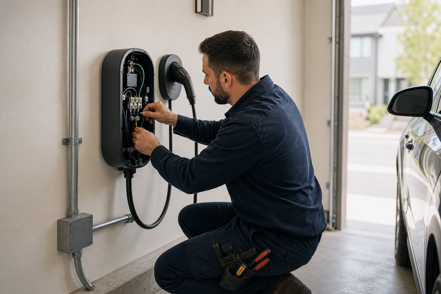Electrician installing a wall-mounted electric vehicle charging station